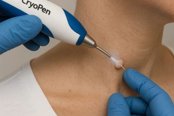 Person receiving cryotherapy Hanwell for skin tag removal