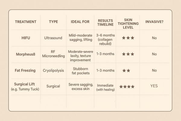 Table showing the comparisons of Skin tightening Hanwell treatment options.